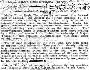 Major Dhan Singh Thapa Citation